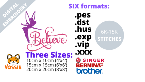 Believe Tinkerbell Digital Embroidery Design (.pes .dst .hus .exp .vip .xxx) - Image 2